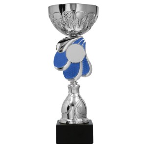 Puchar Metalowy Srebrno-Niebieski na Kamiennej Podstawie – Nowoczesne Trofeum z Grawerem