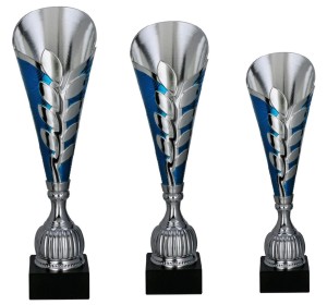 Zestaw 3 Pucharów Srebrno-Niebieskich – Sportowe Trofea Ażurowe (43, 41, 38 cm)