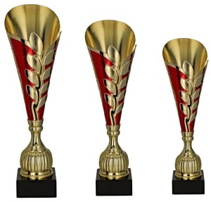Zestaw 3 Pucharów Złoto-Czerwonych – Ekskluzywne Trofea Ażurowe (43, 41, 38 cm)