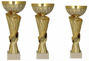 Zestaw 3 Pucharów Złotych – Komplet Trofeów Metalowo-Plastikowych (35, 33, 28 cm)