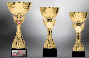Złoty Komplet Pucharów Prestige – Zestaw 3 Trofeów na Marmurze (22, 20, 18 cm)