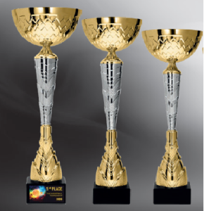 Zestaw 3 Pucharów Silver-Gold Elite – Eleganckie Trofea na Marmurze (32, 30, 28 cm)